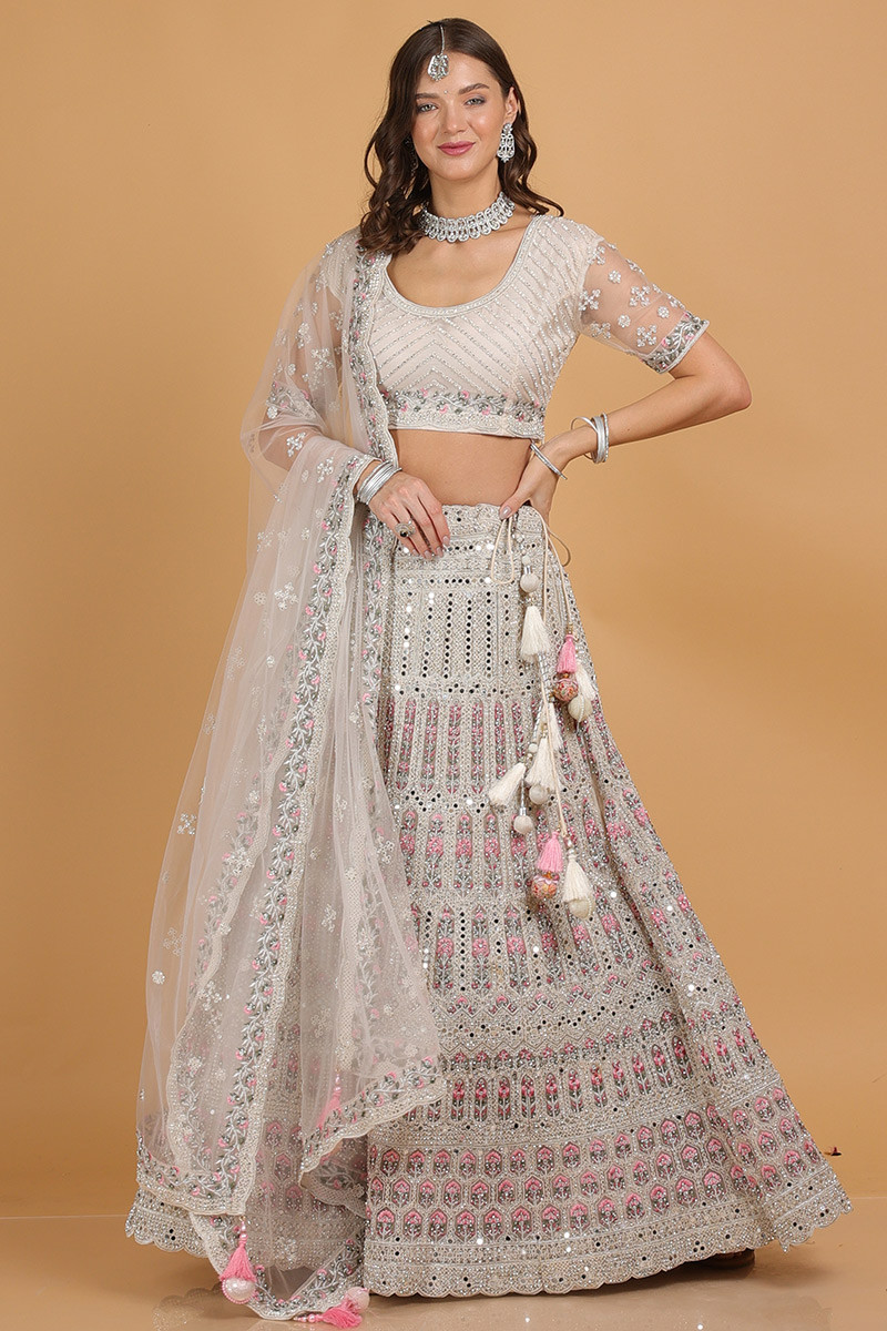 Mirror Embroidered Off White Net A line Lehenga LLCV116630