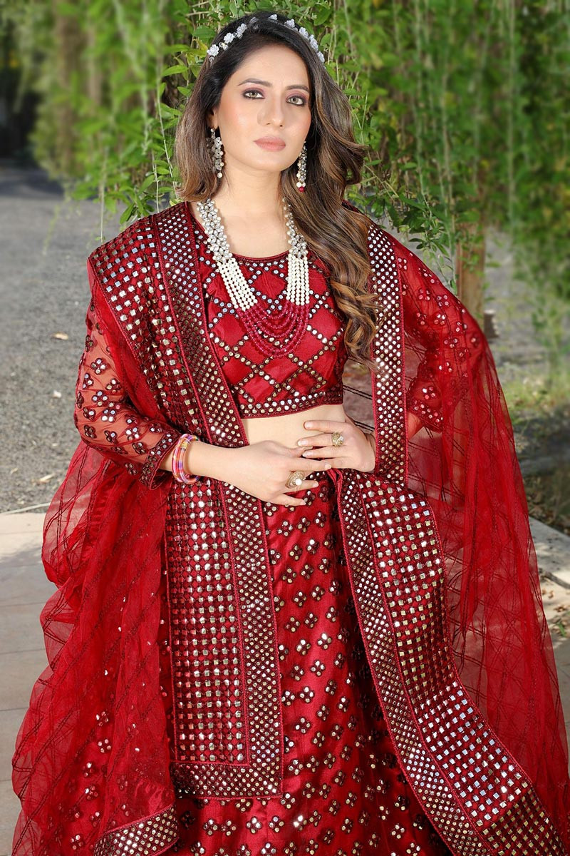 Buy Navratri Wear Red Mirror Work Cotton Ready To Wear Lehenga Choli Online  From Surat Wholesale Shop.