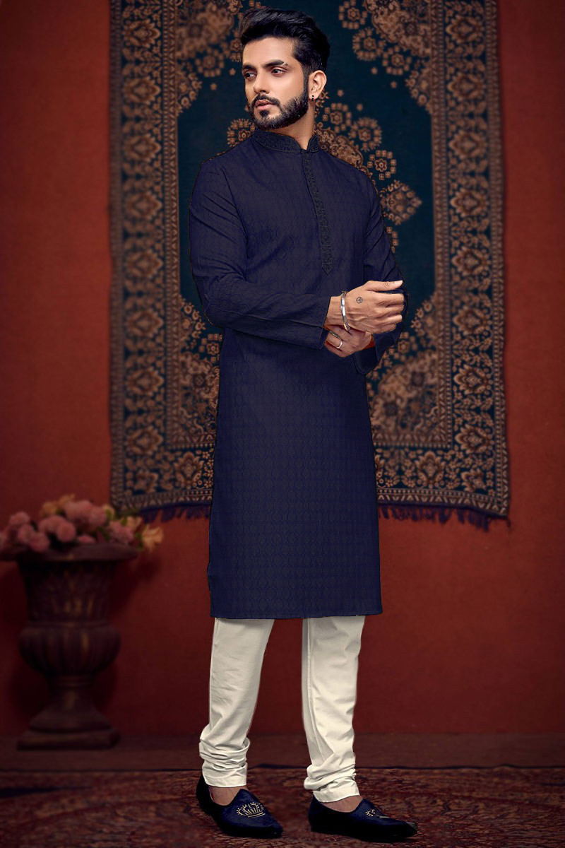 Navy Blue Poly Silk Churidar Men Kurta Pajama