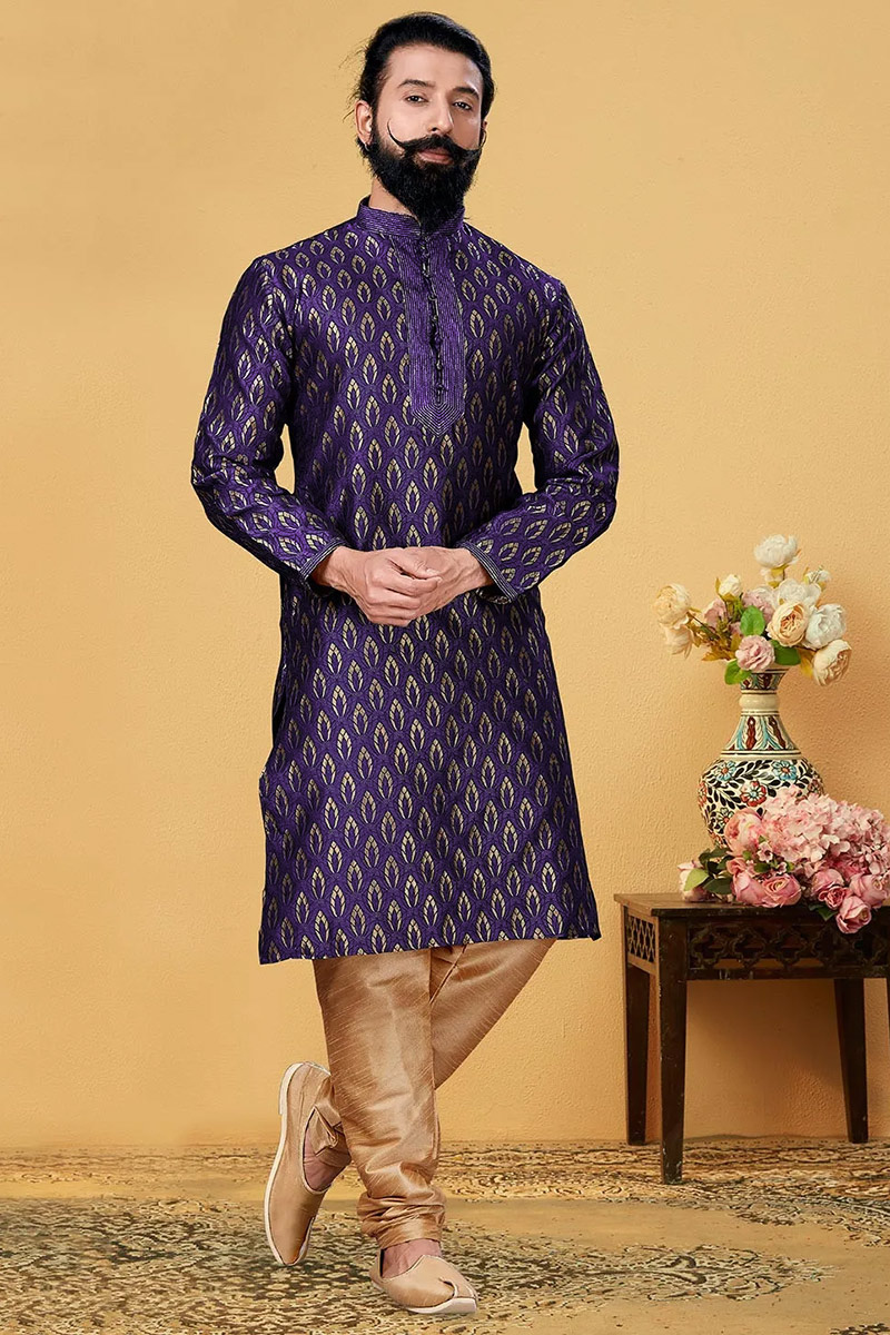 Jacquard Dark Purple Men Churidar Kurta for Wedding & Party