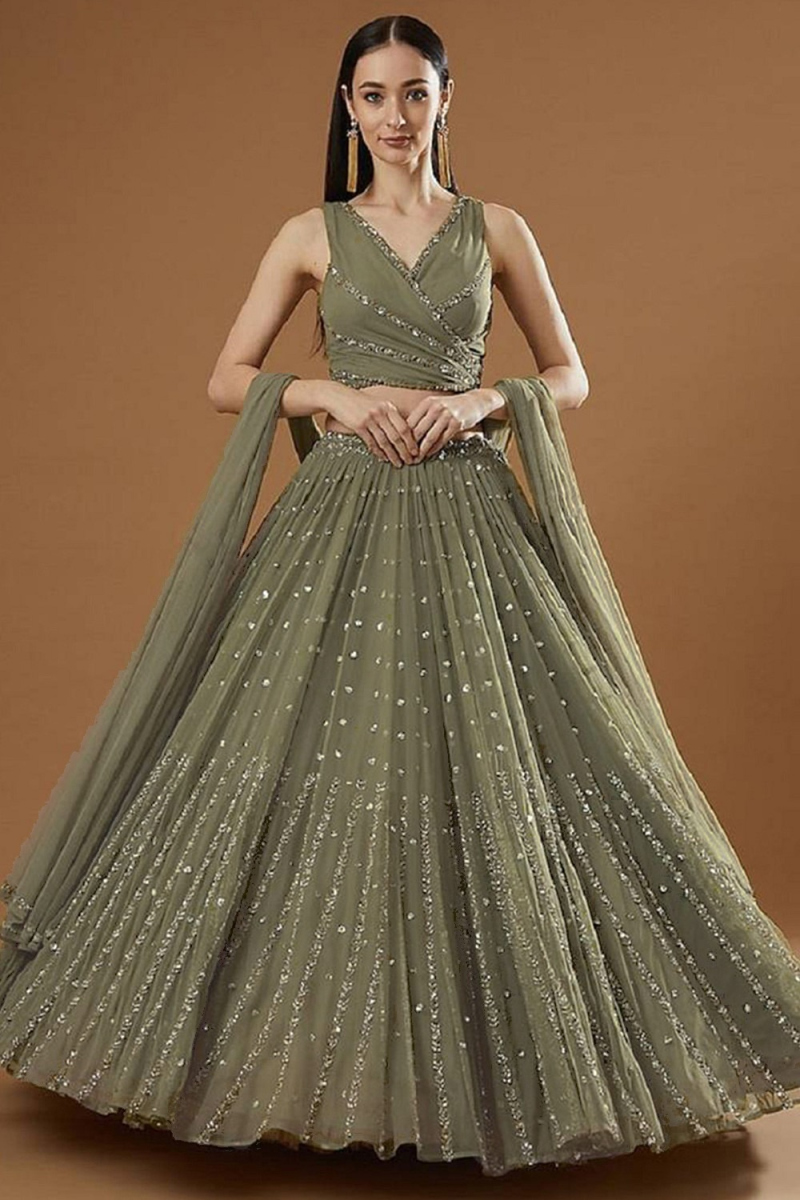 Moss Green Georgette Embroidered A Line Lehenga