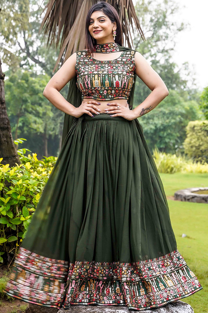 Moss Green Georgette Embroidered Lehenga