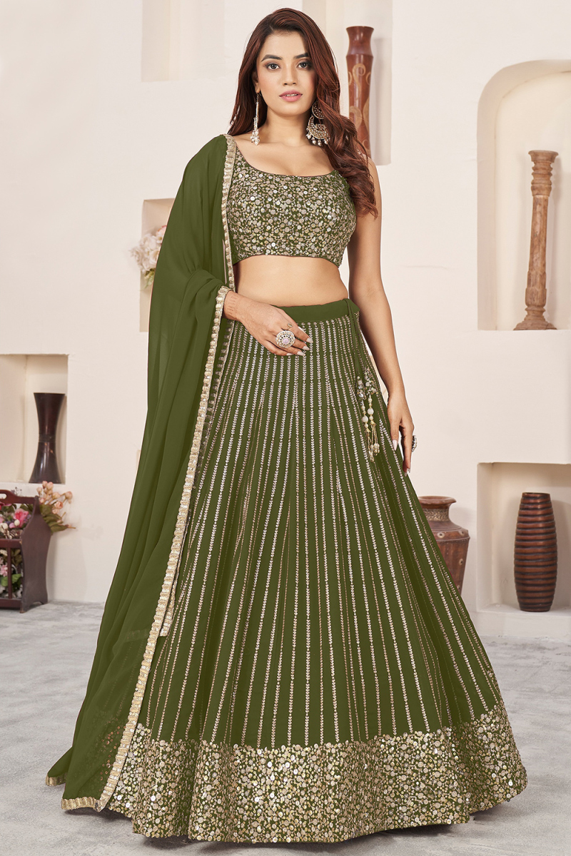 Moss Green Georgette Lehenga with Sequins Work for Diwali