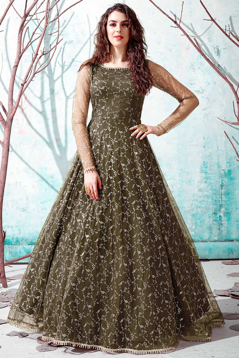 Moss Green Foil Printed Eid Anarkali Suit LSTV09418