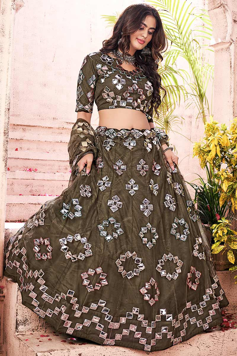 Moss Green Net Embroidered Lehenga With Faux Mirror Work