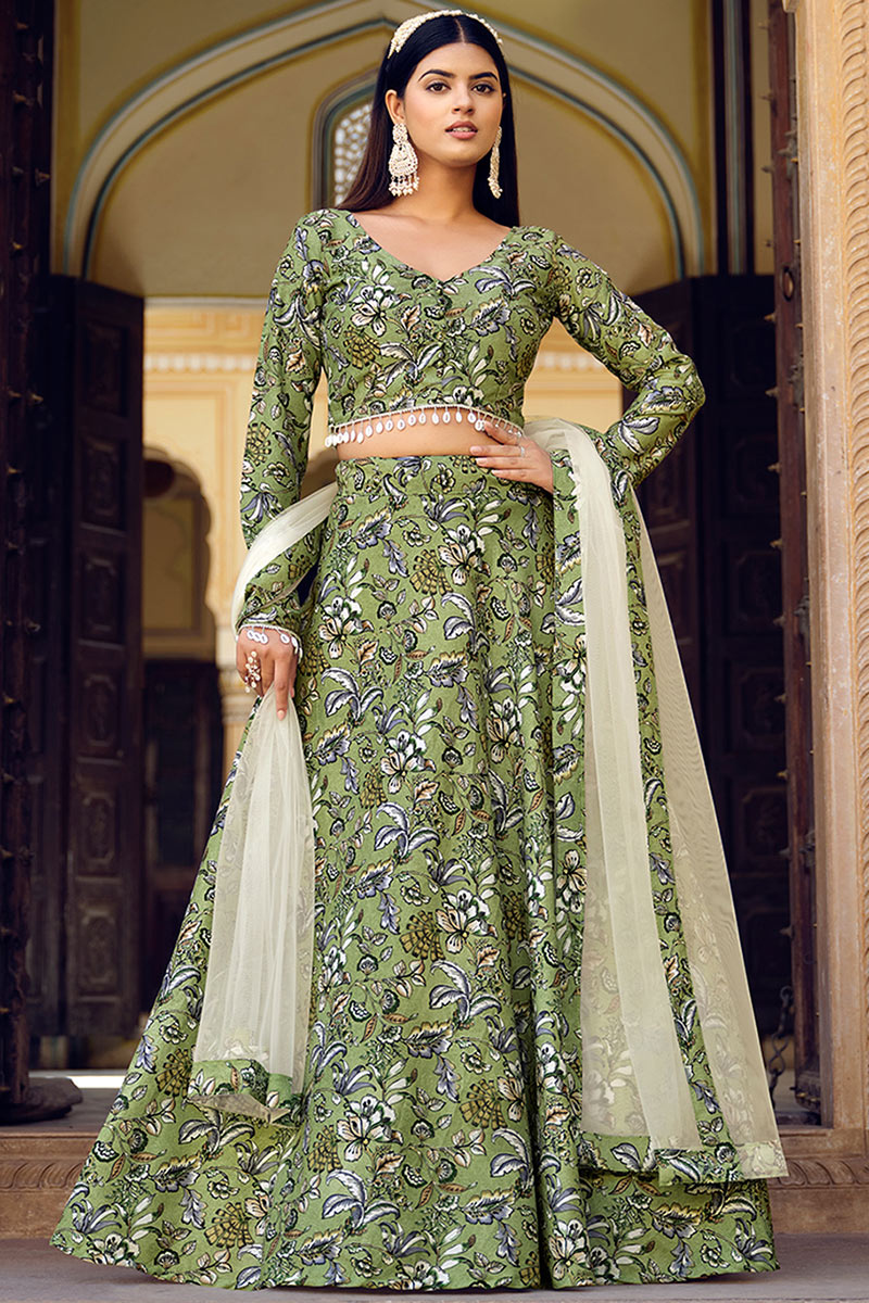 Moss Green Printed Chinnon A-Line Style Lehenga 