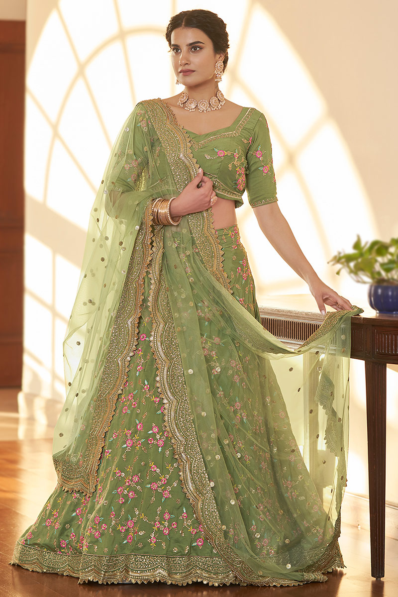 Moss Green Silk Embroidered Lehenga