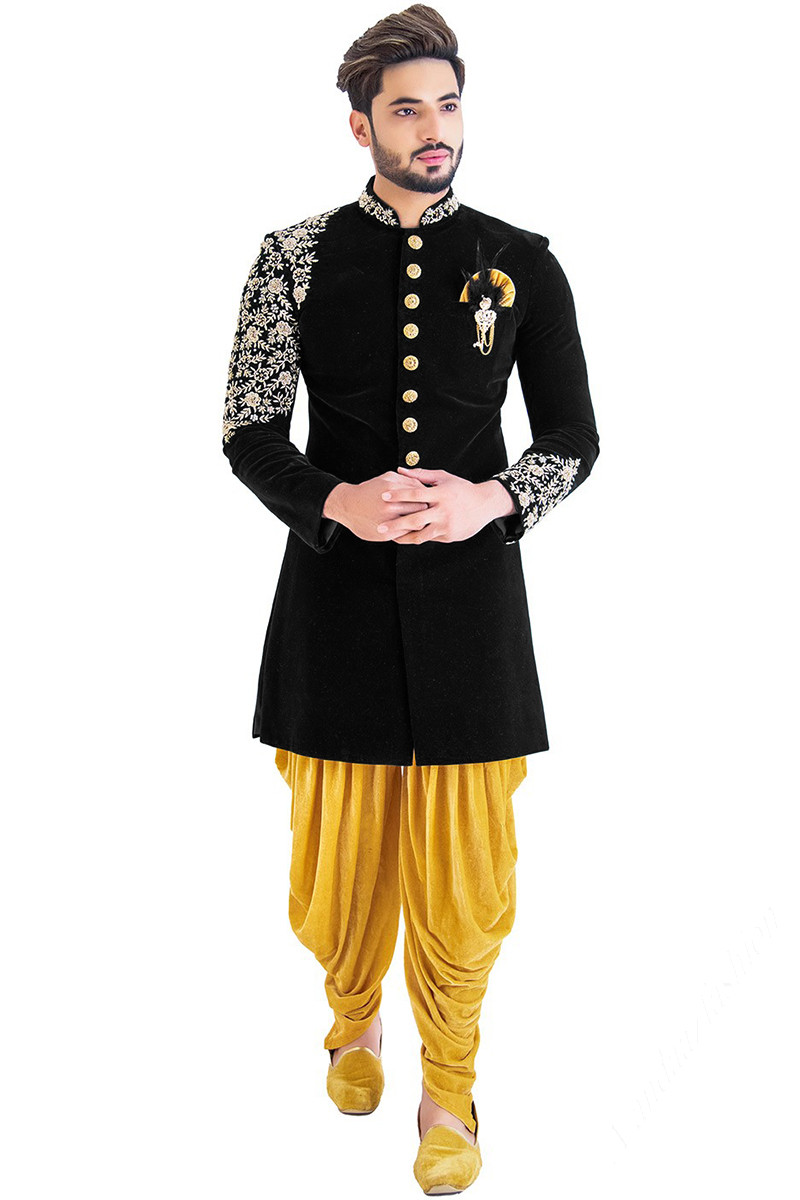 Buy Black Velvet Sherwani With Dhoti Pant Online MSTV00184