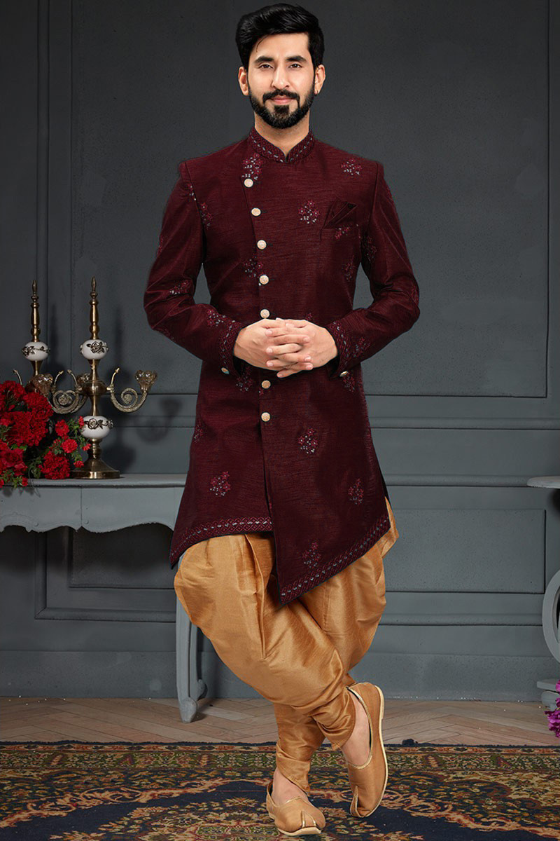 Red and Maroon, White and Off White color Art Silk fabric Sherwani : 1831207