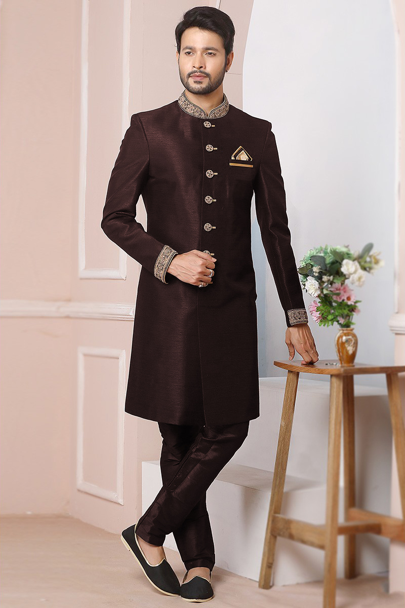 Dark Brown Banarasi Silk Embroidered Men's Sherwani