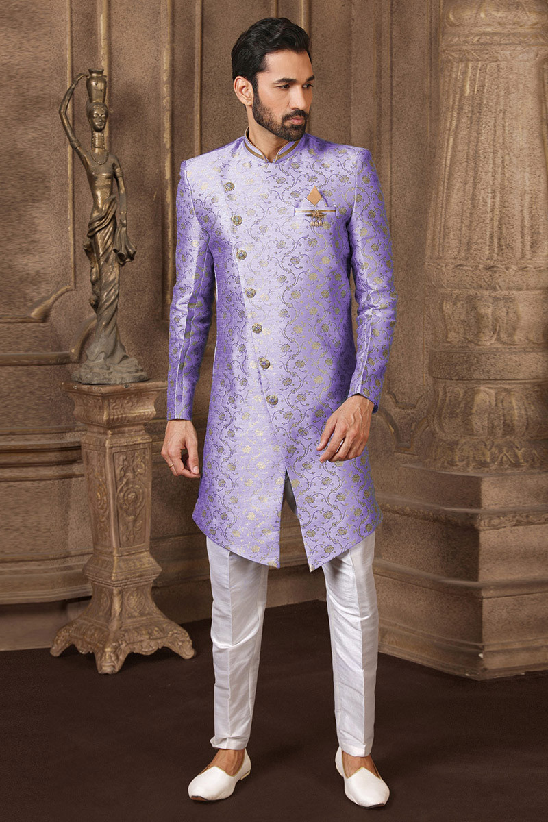 Woven Zari Jacquard Purple Men Sherwani