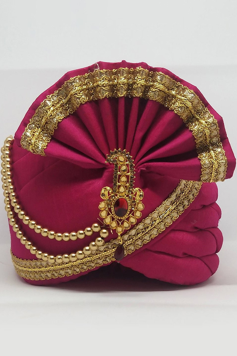 Ruby Pink Lace Embroidered Silk Men's Turban