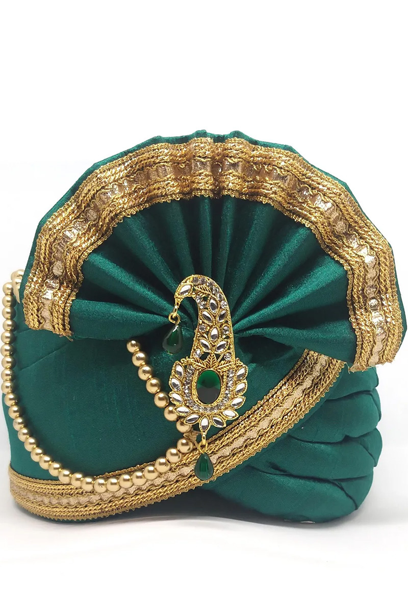 Silk Emerald Green Lace Embroidered Men's Turban MT27 Andaaz Fashion