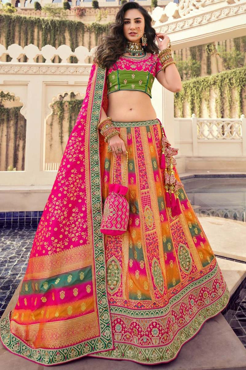 Buy Peach Pure Silk Handwoven Lehenga Set With Unstitched Blouse Fabric For  Women by Pinki Sinha Online at Aza Fashions.