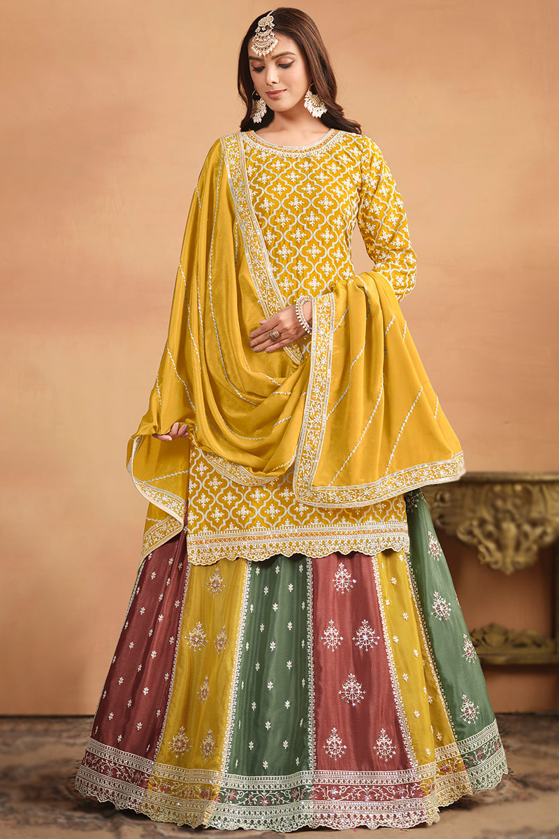 Multi Color Chinnon Embroidered Long Choli Lehenga For Haldi LLCV118210