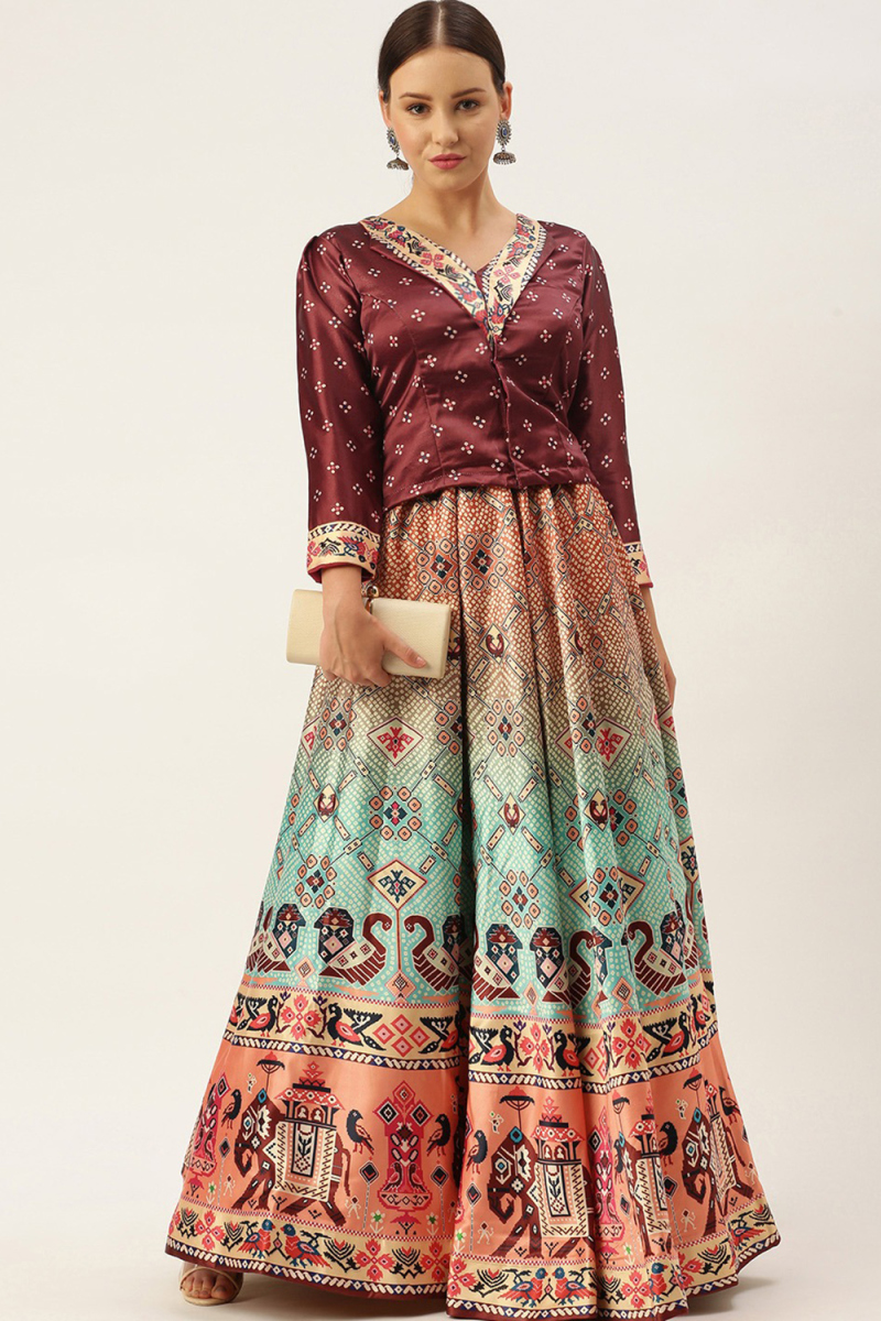 Elegant Bandhej Print Satin Lehenga in Multi Color