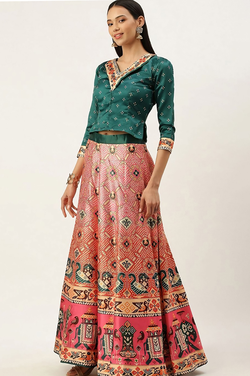 Multicolor Satin Lehenga with V-Neck Printed Blouse