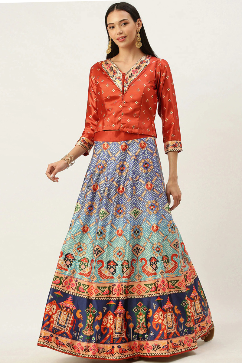 Festive Multicolor Satin Lehenga with Classic Prints