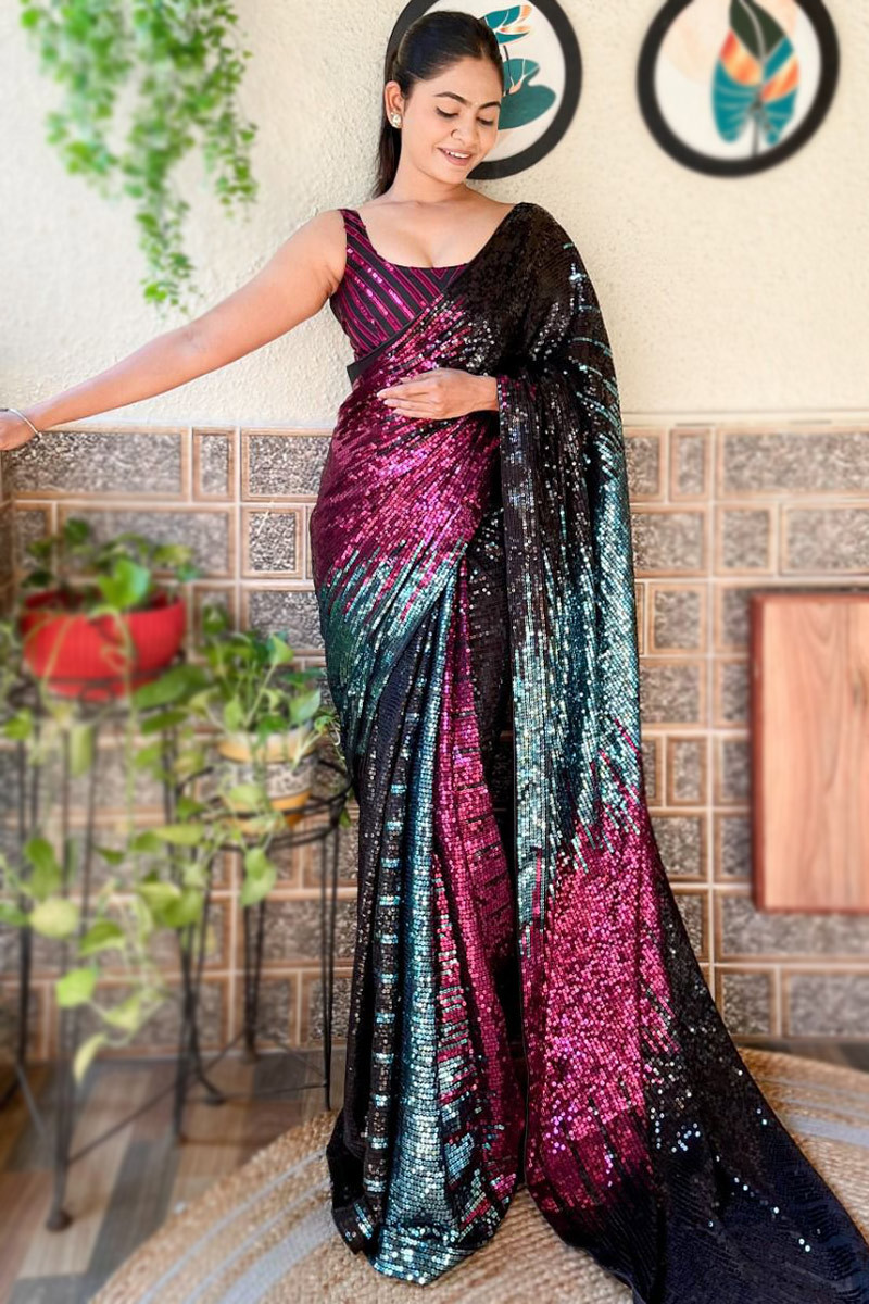 Multi Color Sequins Embroidered Georgette Party Wear Saree SARV181001