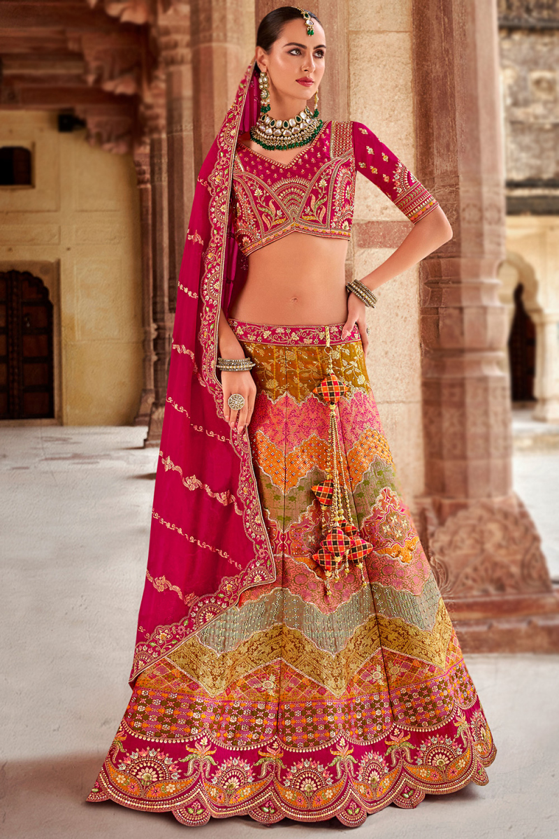 V Neck Multi-Color Silk Lehenga with Ruby Viscose Dupatta