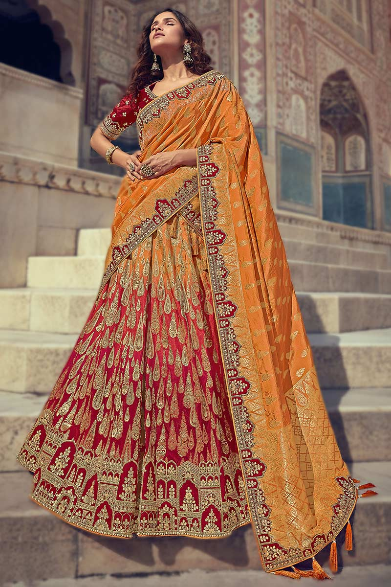 Multi Color Silk Embroidered Wedding Wear Lehenga