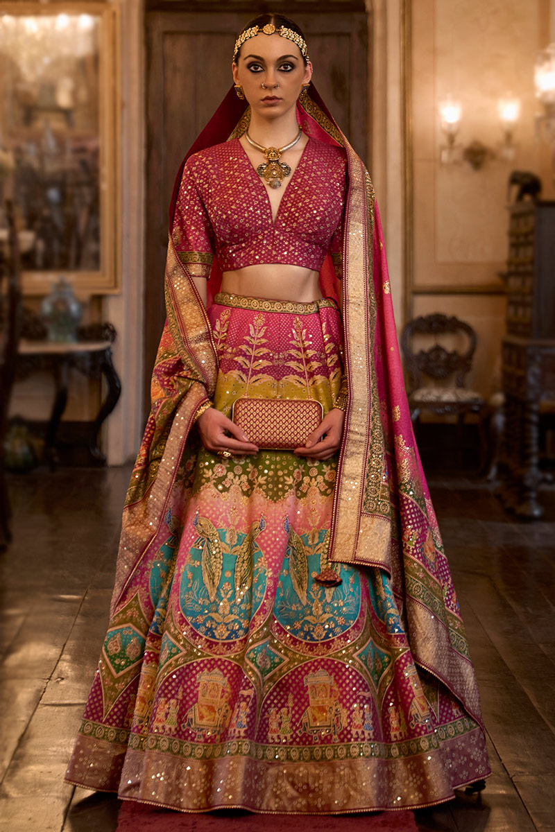 V Neck Multi-Color Lehenga with Elbow Sleeve Digital Blouse