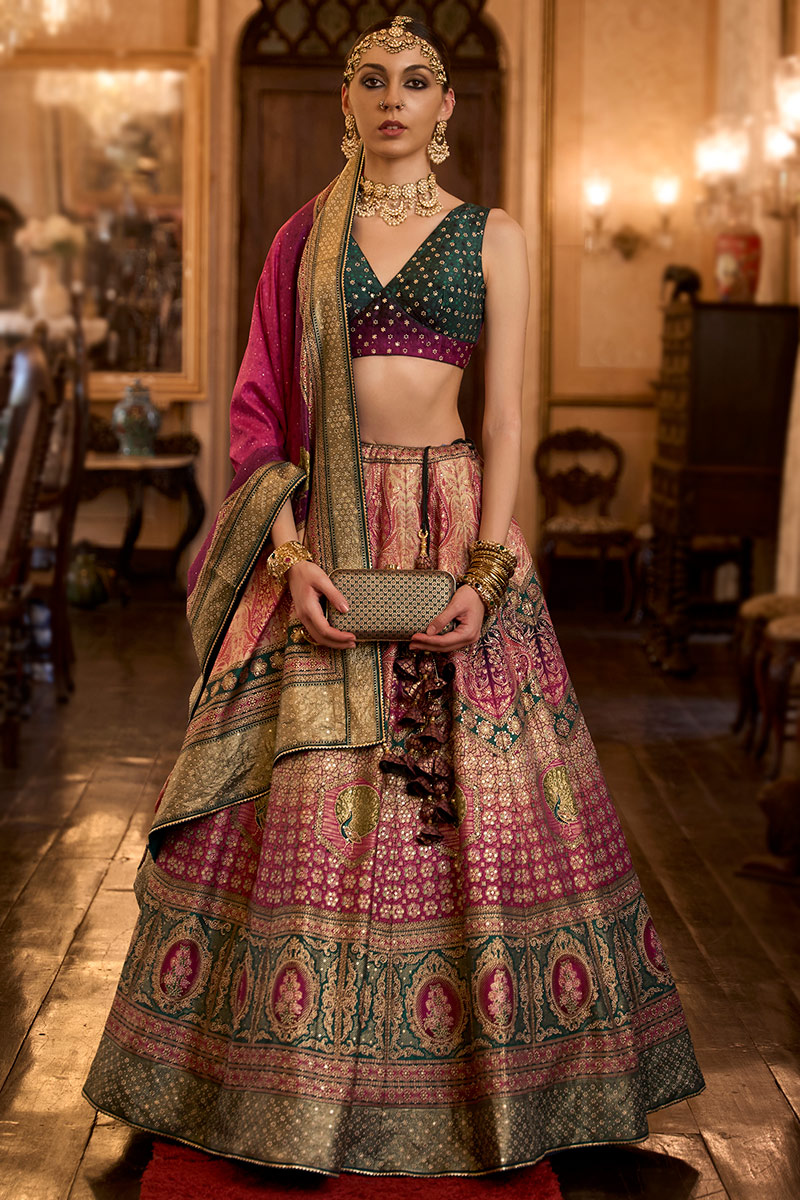 Silk Lehenga in Multi-Color with Cerise Pink Dupatta & Prints