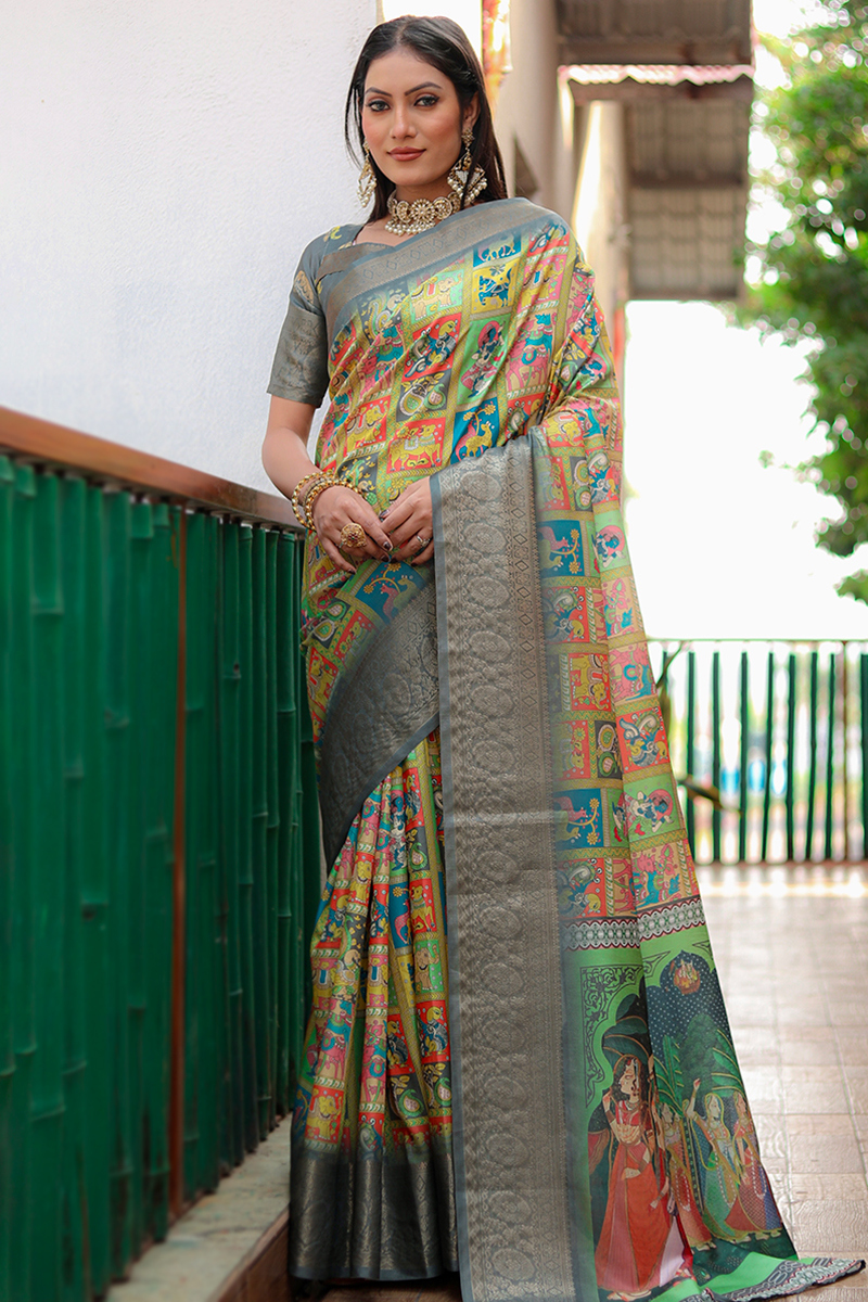 Multi Color Silk Kalamkari Printed Saree