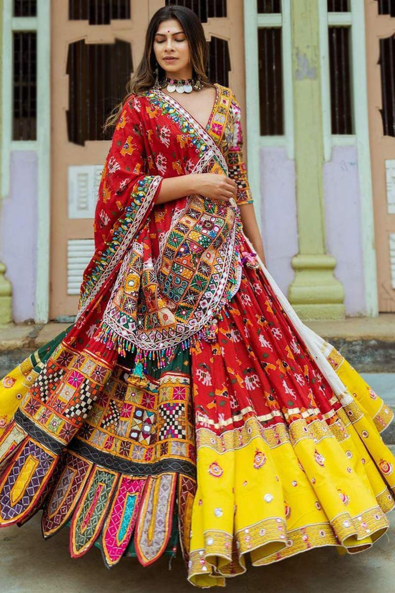 Buy Multi Colored Lehenga In Silk With Colorful Floral Print And Pink  Patola Border Online - Kalki Fashion