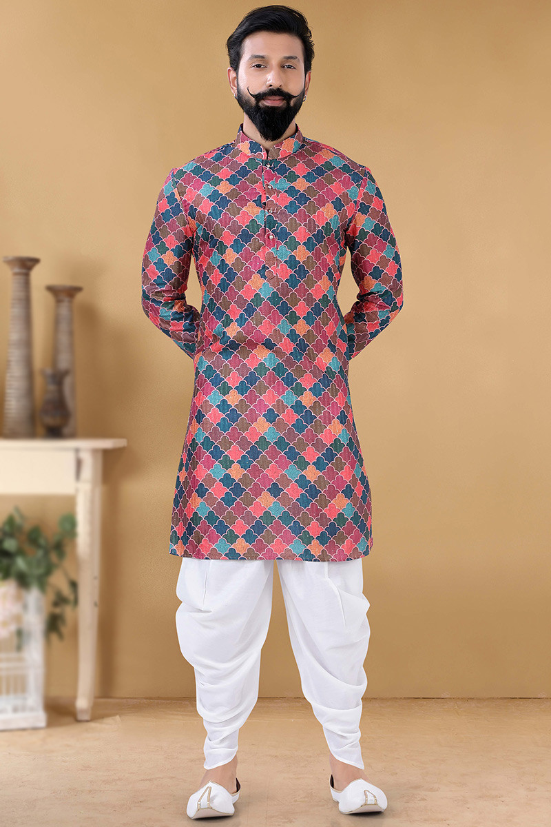 Multi Color Silk Printed Men s Dhoti Kurta