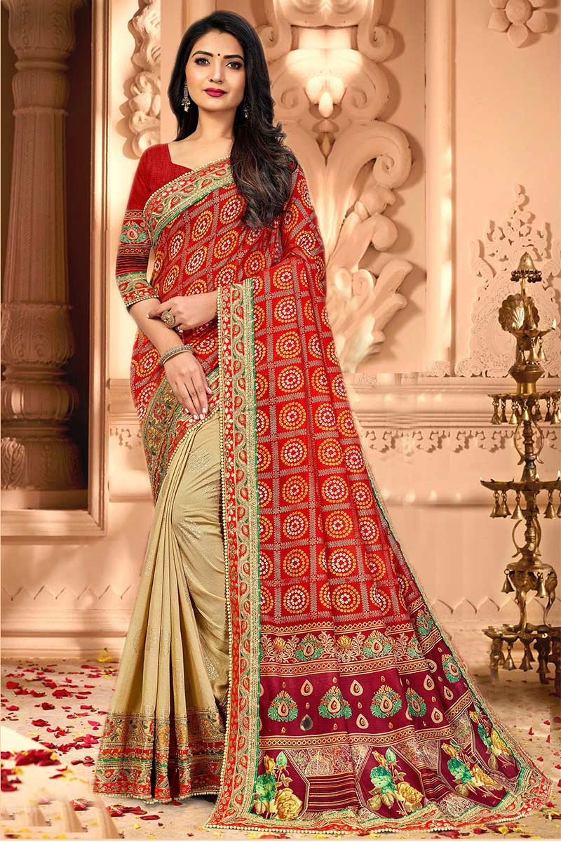 Red And Beige Soft Silk Printed Saree
