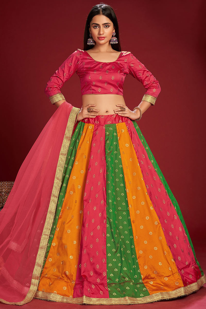 Multi Color Taffeta Silk Foil Print Lehenga