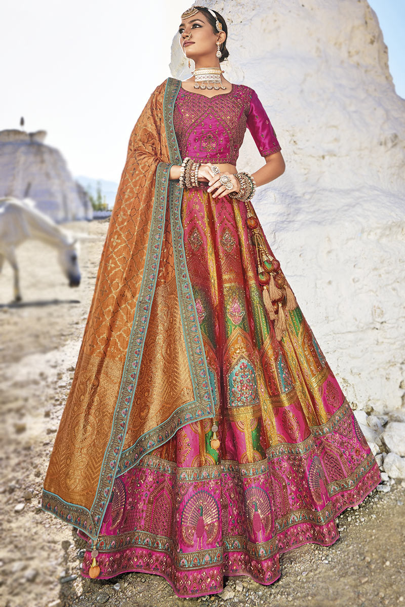Multi Color Woven Zari Silk Panelled Style Lehenga
