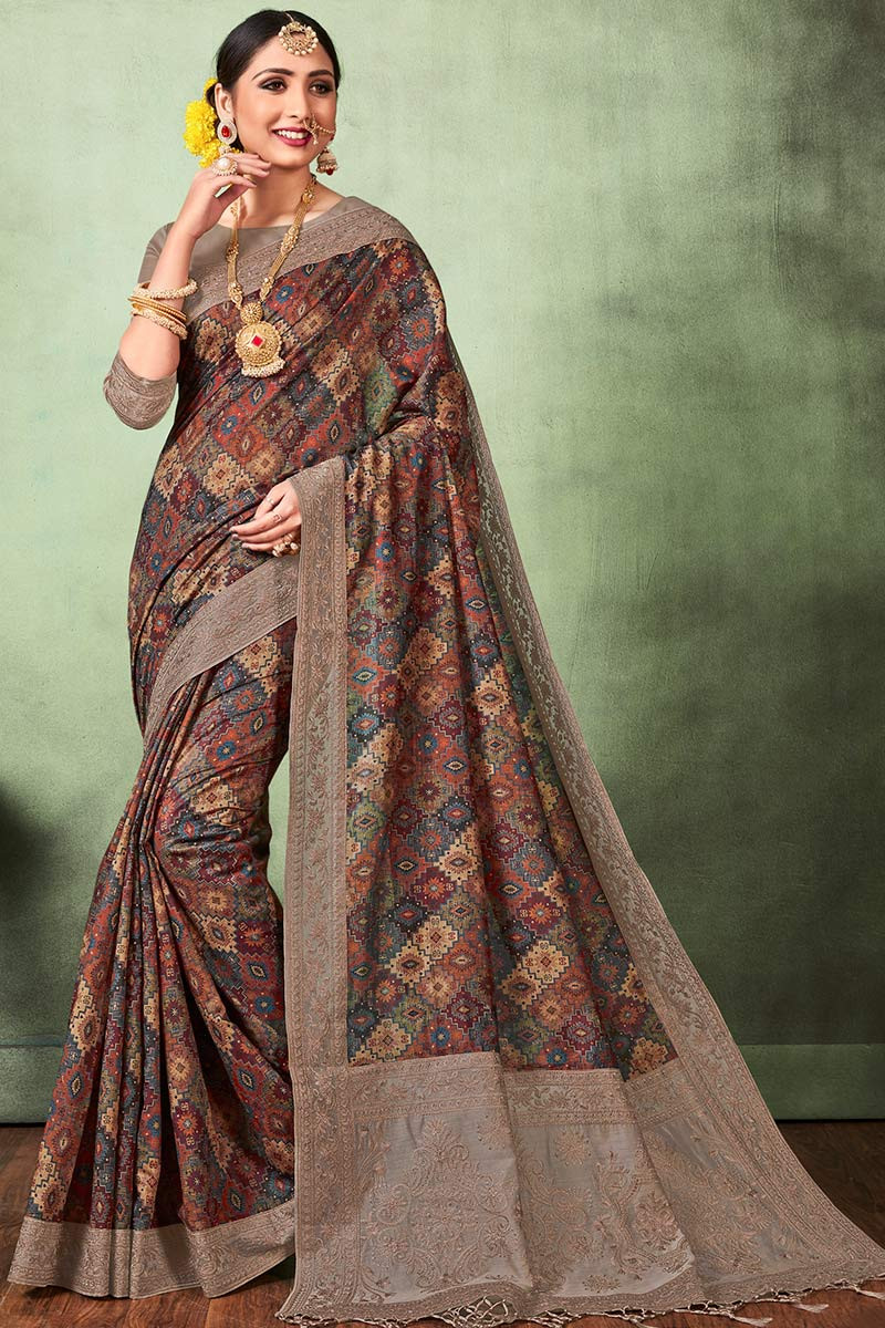 Buy Multicolor Saree With Abstract Print And Unstitched Blouse Piece