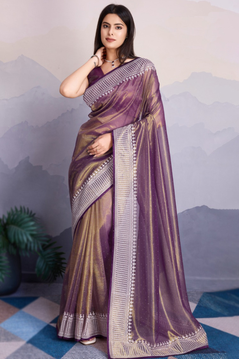 Muqayyash Embroidered Plum Purple Shimmer Net Saree