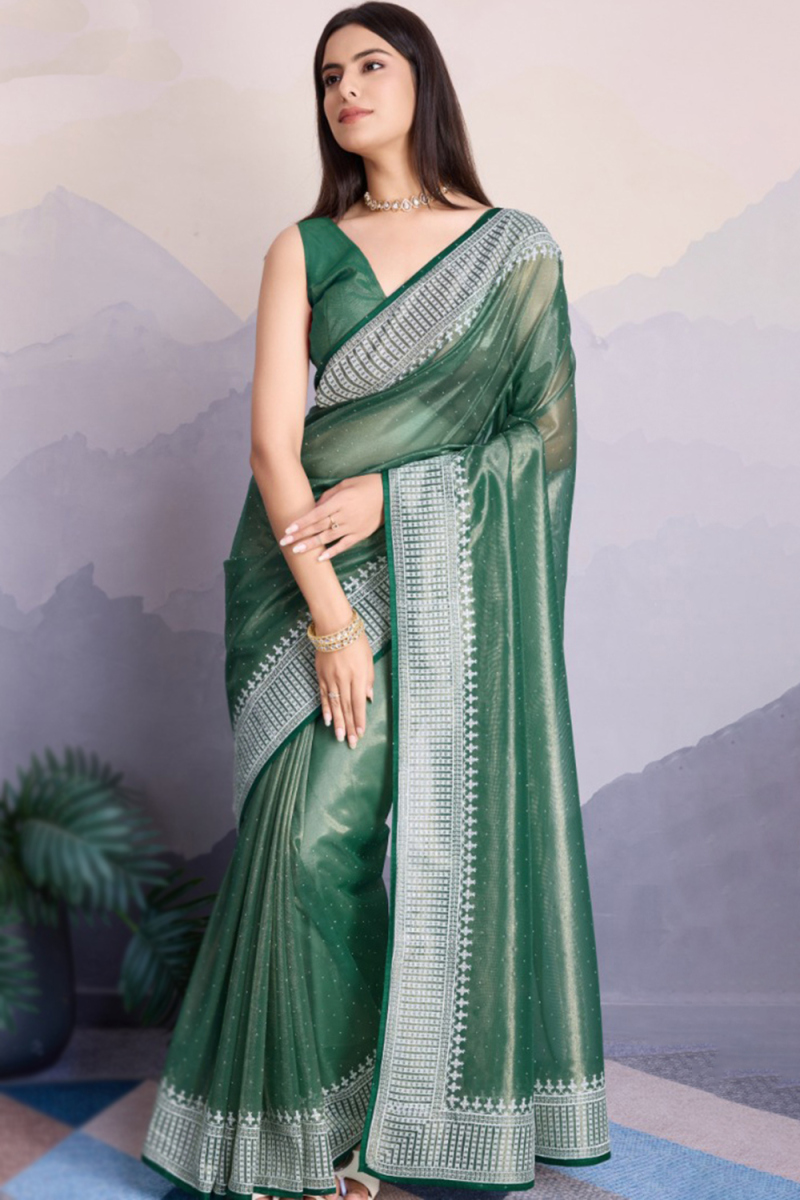 Muqayyash Embroidered Teal Green Shimmer Net Saree