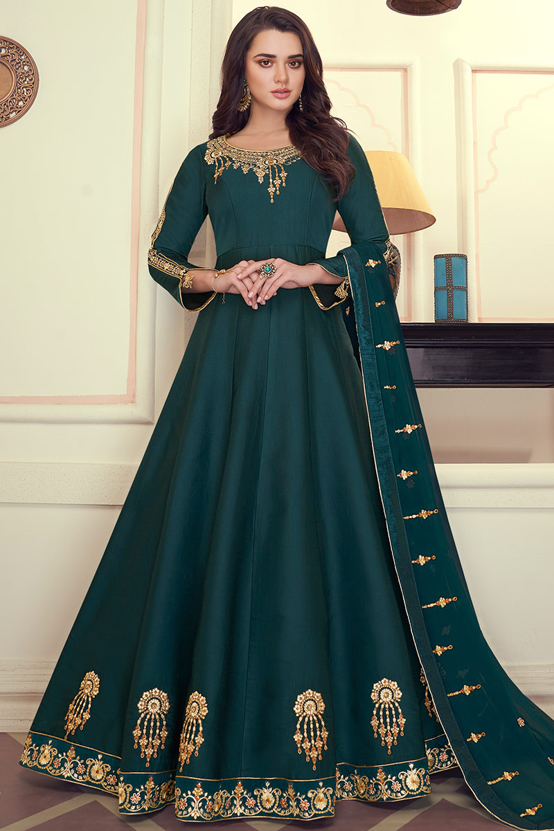 Muslin Silk Party Wear Anarkali Suit In Dark Peacock Green Color