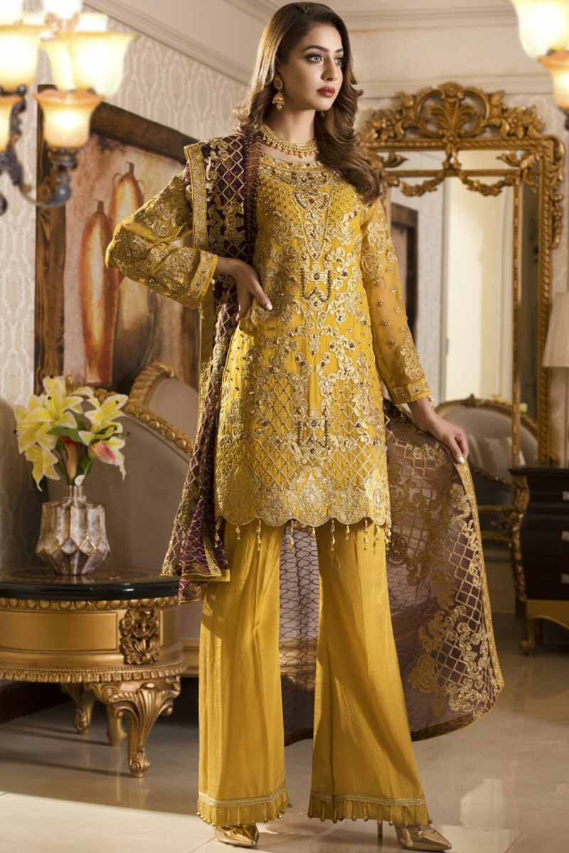 Mustard Chiffon Embroidered Palazzo Pant Suit