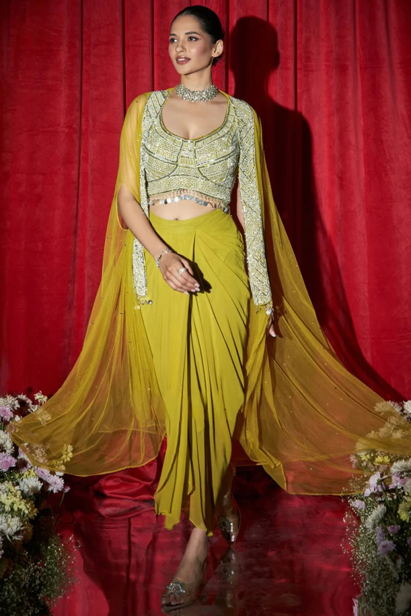 Mustard Georgette Dhoti Style Lehenga with Zari Work for Cocktail Party