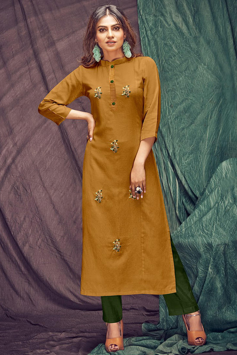 Buy Mustard Khadi Cotton Kurti With Resham Work Online LKV0033 Andaaz Fashion