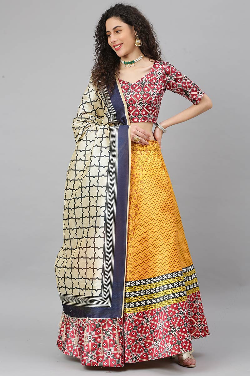 mustard yellow art silk a line printed lehenga llcv110897 1