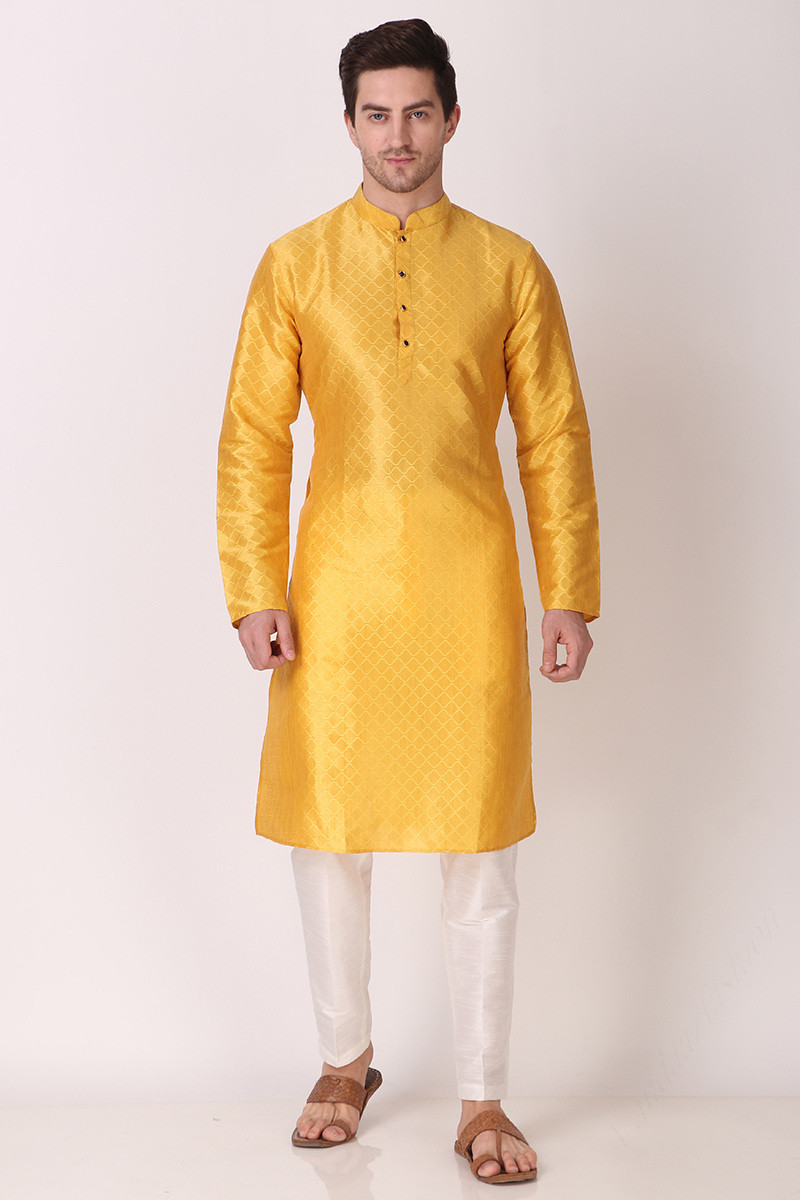 Special Offer Mustard Yellow Art Silk Woven Men s Kurta Pajama