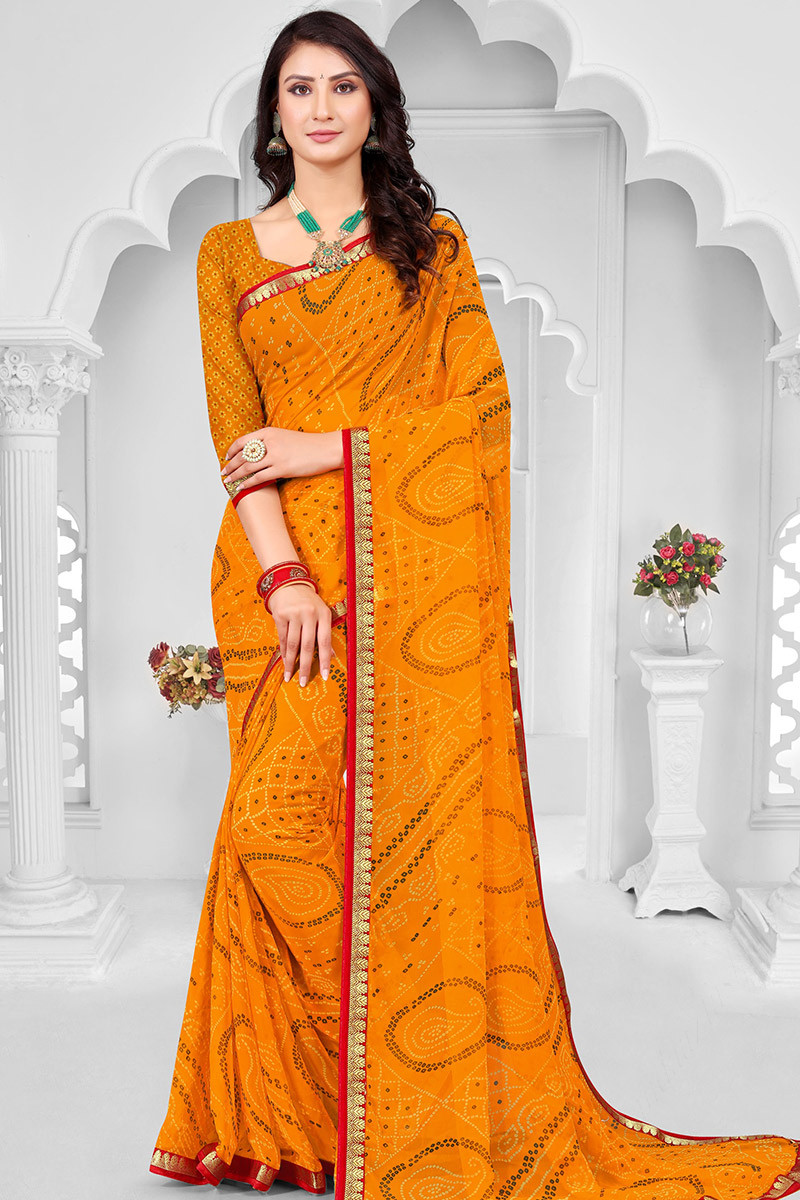 Popular Yellow Bandhani Crepe Lace Saree and Yellow Bandhani Crepe Lace Sari  online shopping