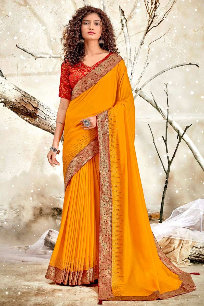 Mustard Yellow Designer Embroidered Silk Party Wear Saree | Party wear  sarees, Party wear, Saree