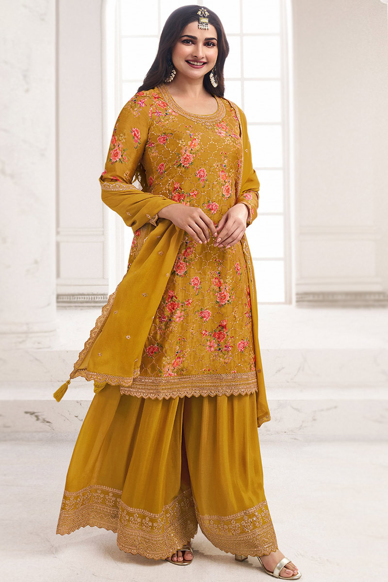 Mustard Yellow Chinnon Floral Print Sharara Suit For Haldi LSTV129290