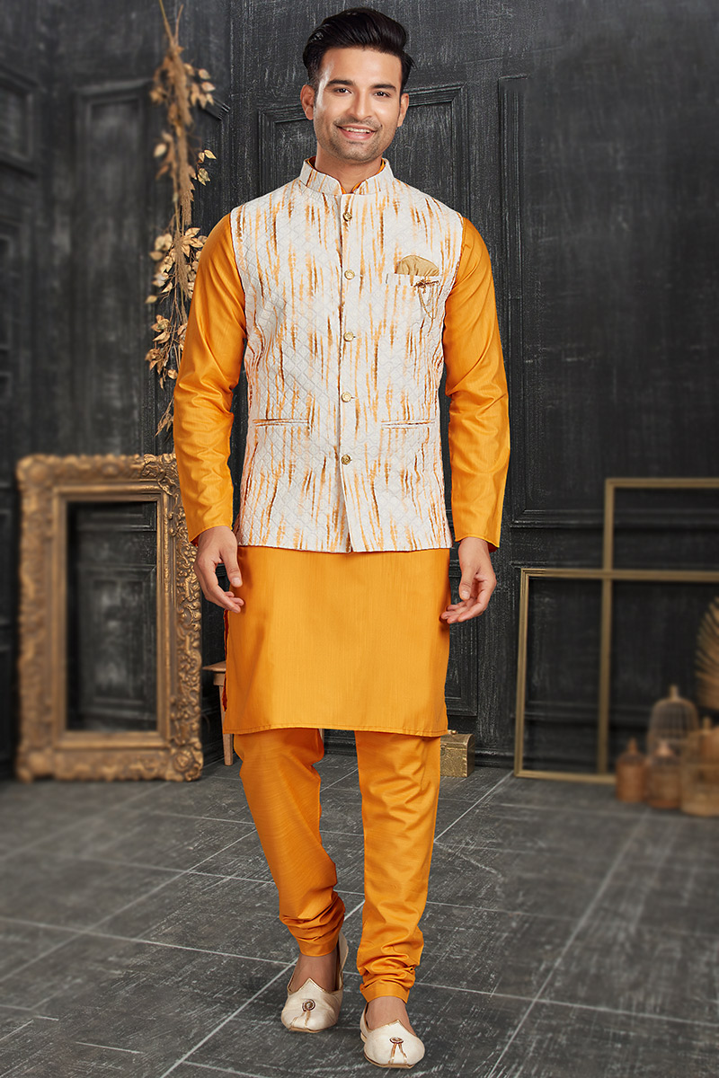 Mustard Yellow Cotton Men Kurta Pajama