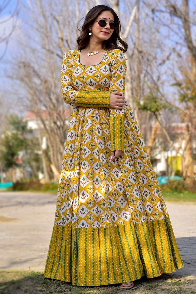 Andaaz Fashion Mustard Yellow Cotton Printed Gown