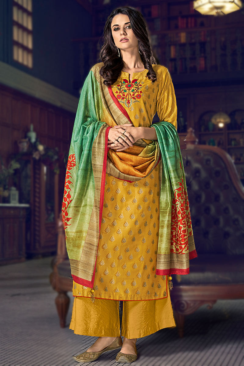 Mustard Yellow Cotton Printed Trouser Suit