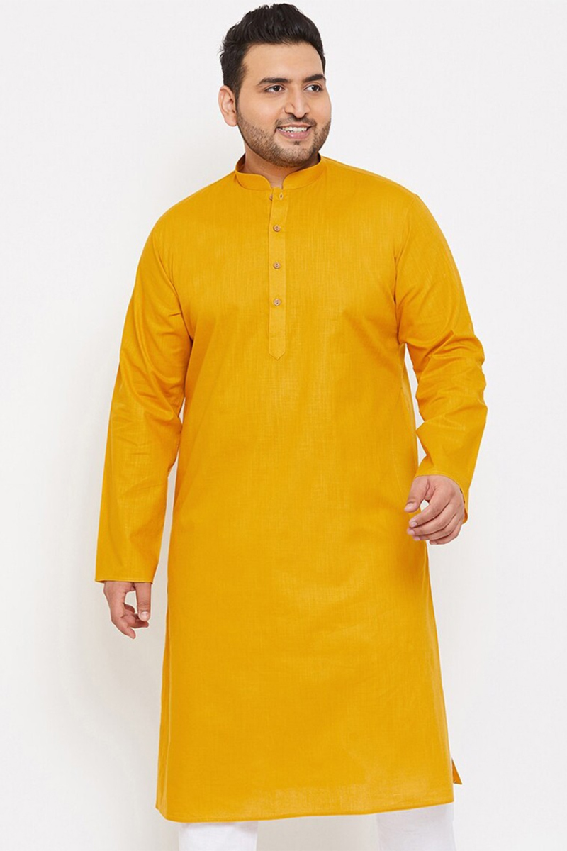 Mustard Yellow Cotton Silk Men's Kurta Chuidar For Festival