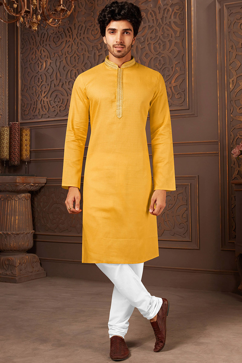 Mustard Yellow Cotton Men Churidar Kurta Pajama MKPA02886